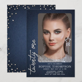 豪華デニムダイヤモンド ブルー ホワイト 21歳誕生日写真 招待状