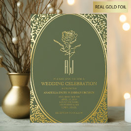 豪華バロックグリーンとゴールドのウェディング 箔招待状