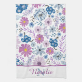 豪華パーソナライズされたな鮮やかな青いピンクの花 キッチンタオル (縦)