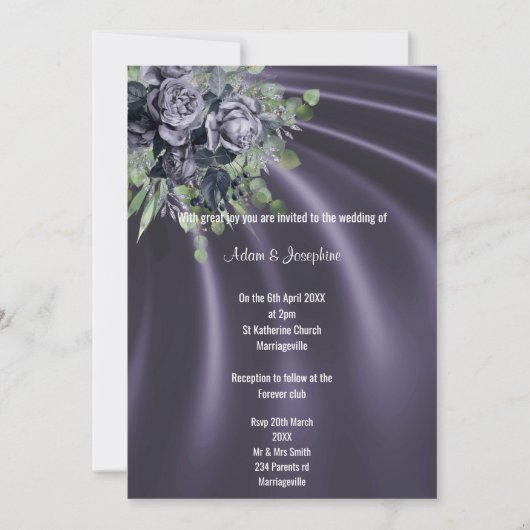 豪華パープルサテンフローラエレガントな結婚式 招待状 (正面)