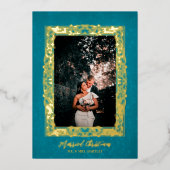 豪華フレーム結婚したクリスマスターコイズ写真 箔シーズンカード (正面)