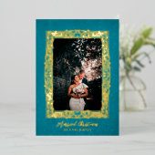 豪華フレーム結婚したクリスマスターコイズ写真 箔シーズンカード (立ち正面)