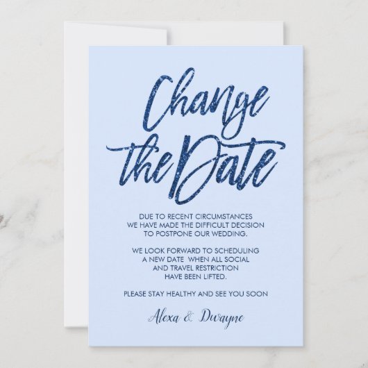 豪華ブルーのグリッターで中止または延期された結婚式 招待状 (正面)