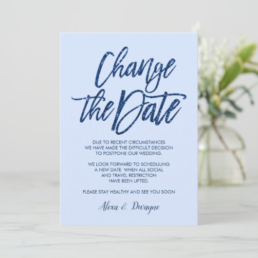 豪華ブルーのグリッター延期発表 結婚式延期または中止 招待状 (スタンド正面)