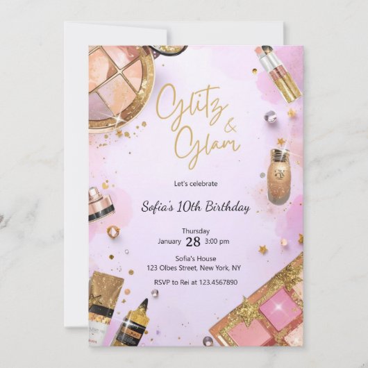 豪華メイク バースデーパーティー ブラッシュピンク スパパーティー 招待状 (正面)