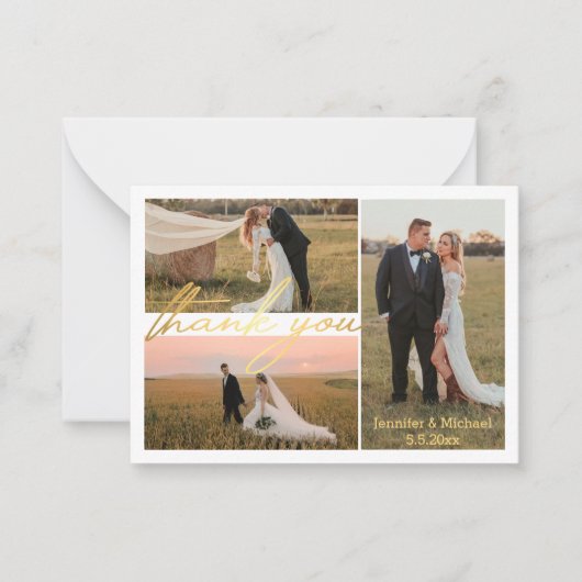 豪華感謝していなお3枚の写真結婚コラージュ黄金 ノートカード (正面)