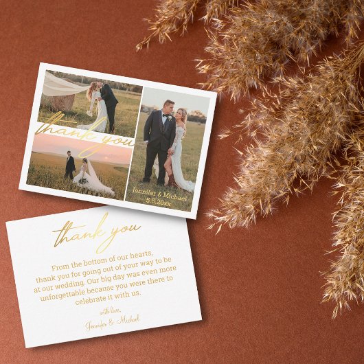 豪華感謝していなお3枚の写真結婚コラージュ黄金 ノートカード