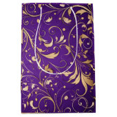 豪華王室の紫と金ゴールドダマスクパターン(の模様が)ある ミディアムペーパーバッグ (正面)