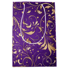 豪華王室の紫と金ゴールドダマスクパターン（の模様が）ある ミディアムペーパーバッグ