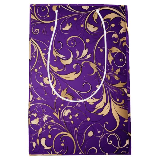 豪華王室の紫と金ゴールドダマスクパターン(の模様が)ある ミディアムペーパーバッグ (正面)