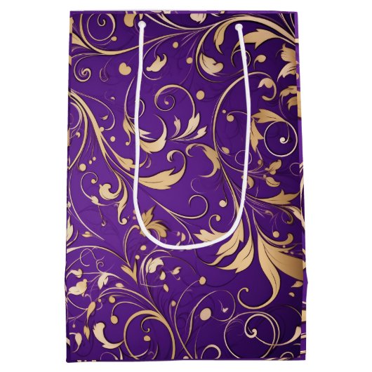 豪華王室の紫と金ゴールドダマスクパターン(の模様が)ある ミディアムペーパーバッグ (裏面)