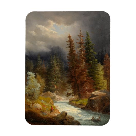 豪雨な川のそばのハイカー マグネット (縦)