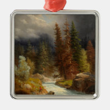 豪雨な川のそばのハイカー