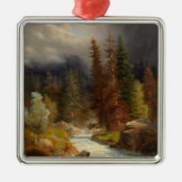 豪雨な川のそばのハイカー メタルオーナメント