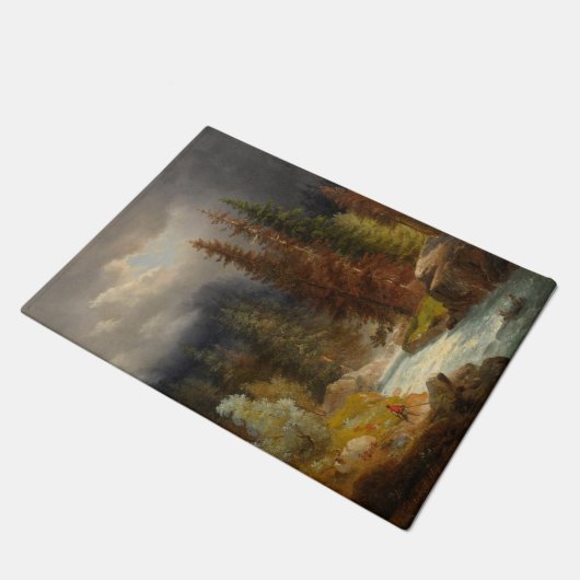 豪雨な川のそばのハイカー（Achenbach著） ドアマット (アングル)