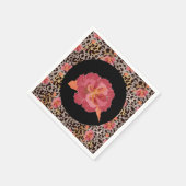 豹の動物のプリントとピンクの花を黒背景に スタンダードカクテルナプキン (角)