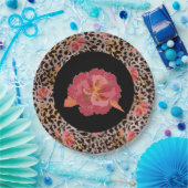 豹の動物のプリントとピンクの花を黒背景に ペーパープレート (パーティー)