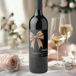 豹柄の大きなリボンが付いた黒の結婚前パーティー ワインラベル