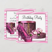 豹柄ハイヒールピンクシューズ ゼブラ バースデーパーティー 招待状 (正面/裏面)