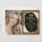 豹柄 ブラック ゴールド フォト 50歳の誕生日 招待状 (正面)