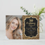 豹柄 ブラック ゴールド フォト 50歳の誕生日 招待状 (スタンド正面)