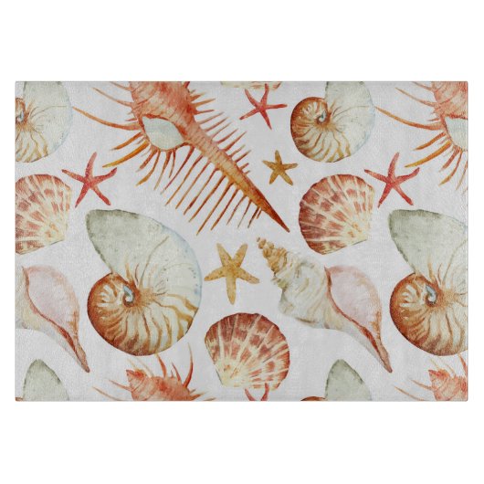 貝およびカニパターンが付いている珊瑚 カッティングボード (正面)