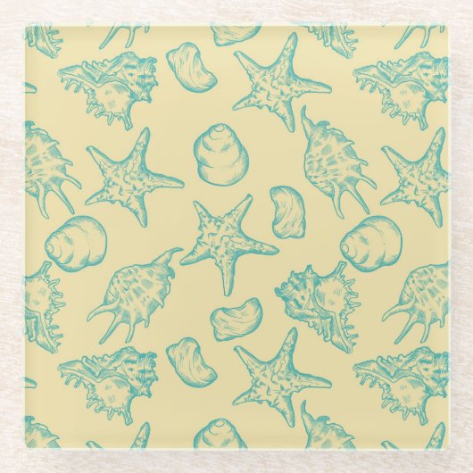 貝が付いている背景。 手描き ガラスコースター (正面)