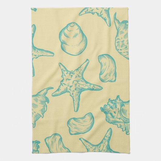 貝が付いている背景。 手描き キッチンタオル (縦)