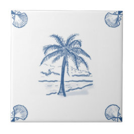 貝のコーナーが付いているデルフトのヤシの木のタイル タイル