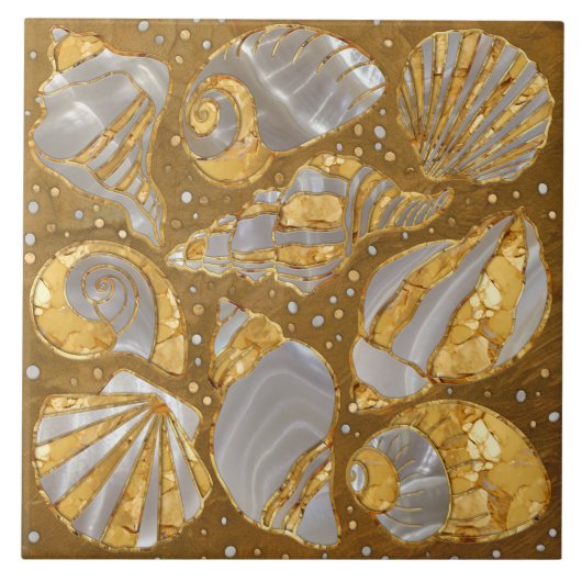 貝の模様 – 真珠と金ゴールド タイル (正面)