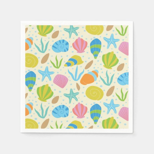 貝カラフルとヒトデの海岸模様 スタンダードカクテルナプキン (正面)