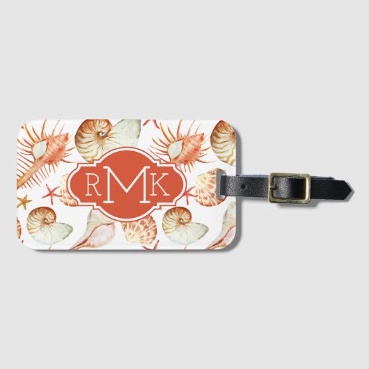 貝及びカニパターン|モノグラムが付いている珊瑚 ラゲッジタグ (正面横)