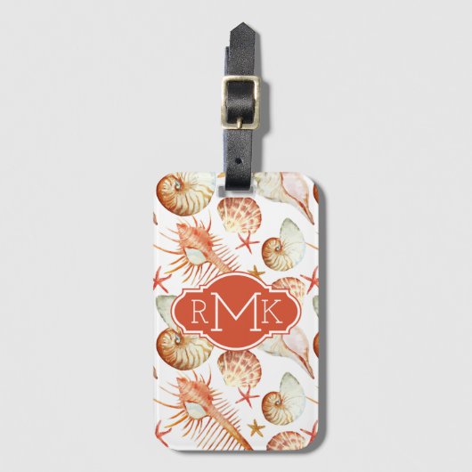 貝及びカニパターン|モノグラムが付いている珊瑚 ラゲッジタグ (正面縦)