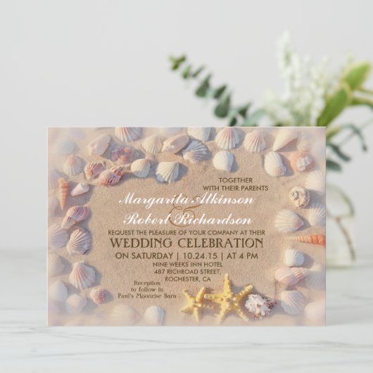 貝殻およびヒトデの熱帯結婚式招待状 招待状 (スタンド正面)