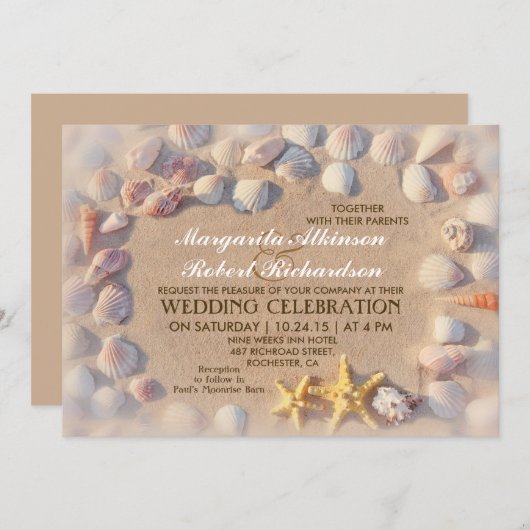 貝殻およびヒトデの熱帯結婚式招待状 招待状 (正面/裏面)