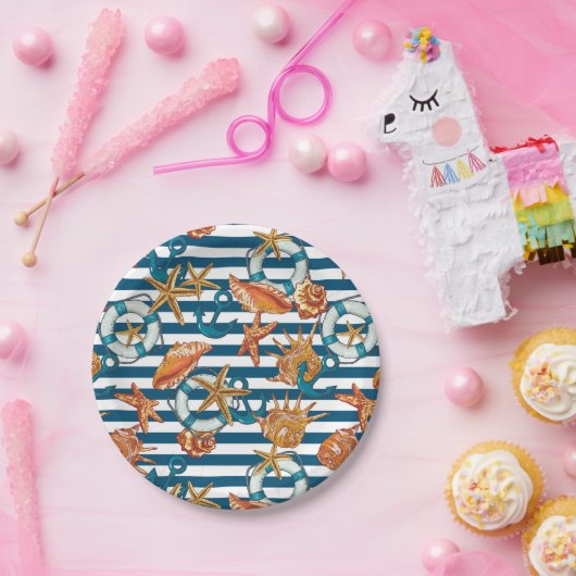 貝殻といかり模様 ペーパープレート (パーティー)