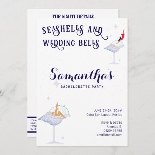 貝殻とウェディングベルのビーチクルーズ ブラチェロレッテ 招待状 (正面/裏面)