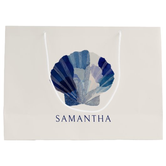 貝殻とウェディングベルの青いビーチパーティーのゲスト ラージペーパーバッグ (裏面)