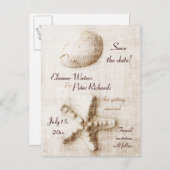 貝殻とヒトデのビンテージ ビーチ ウェディング 案内ポストカード (正面/裏面)