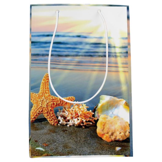 貝殻とヒトデのビーチ ミディアムペーパーバッグ (正面)