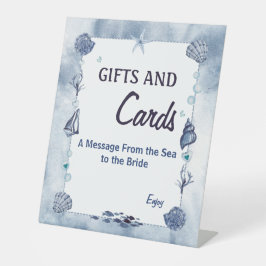 貝殻とヒトデの水彩画 ビーチシー ブルー 台座サイン
