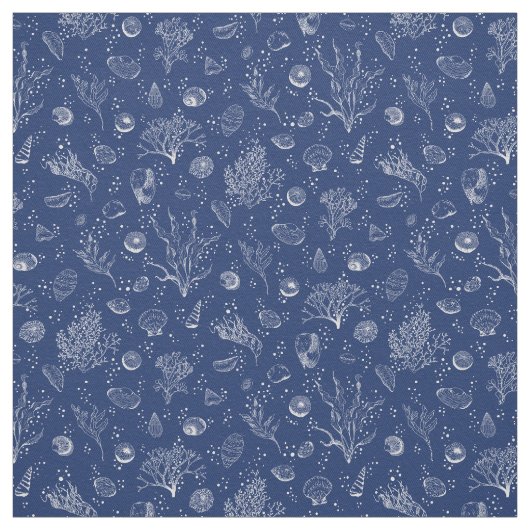 貝殻と海藻を持つ海軍と白い織物 ファブリック (見本)