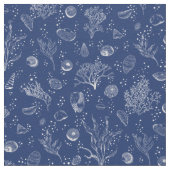 貝殻と海藻を持つ海軍と白い織物 ファブリック (クローズアップ)