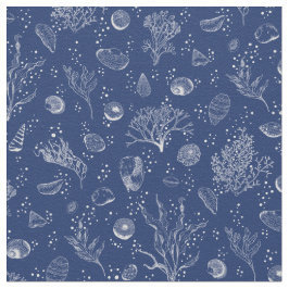 貝殻と海藻を持つ海軍と白い織物 ファブリック