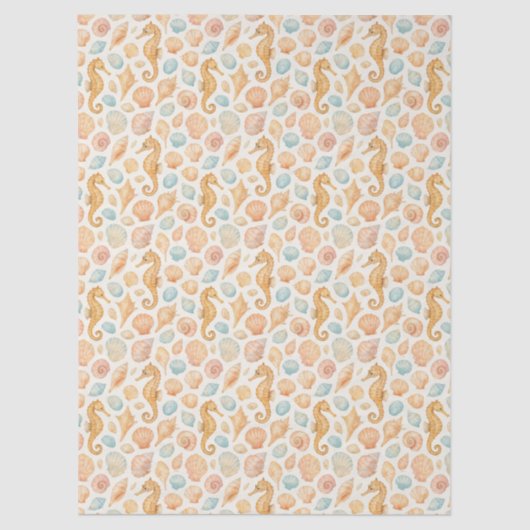 貝殻と海馬の水彩模様 薄葉紙 (正面)