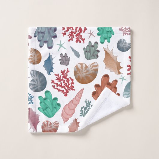 貝殻と珊瑚礁の海辺のプリント洗濯場 ウォッシュタオル (ウォッシュタオル)
