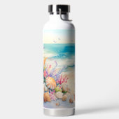 貝殻のある水彩画のビーチシーン ウォーターボトル (左面)