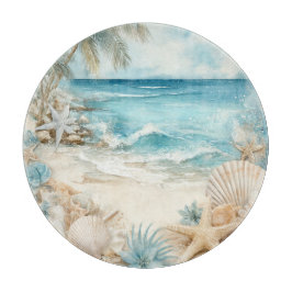 貝殻のある青い砂浜の風景 カッティングボード