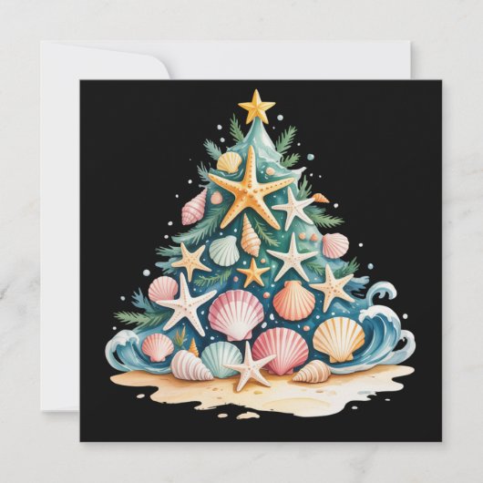 貝殻のクリスマスツリー 海の水 星の魚 シーズンカード (正面)