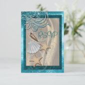 貝殻のティール（緑がかった色）のビーチのRsvpの揺らめく招待状 出欠カード (スタンド正面)